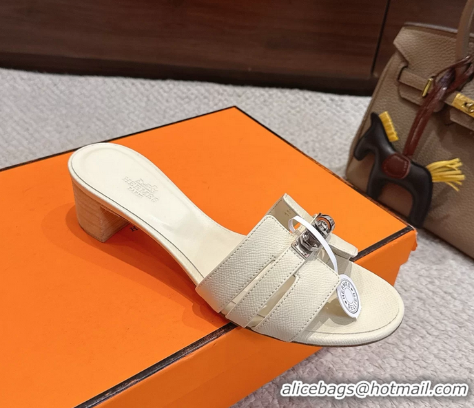 Discount Hermes H Oran Kelly Buckle Heeled Slides Sandals Cream Calfskin Leather 50MM 6053002