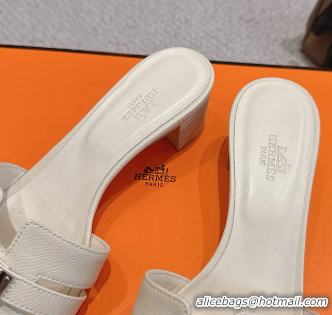 Discount Hermes H Oran Kelly Buckle Heeled Slides Sandals Cream Calfskin Leather 50MM 6053002