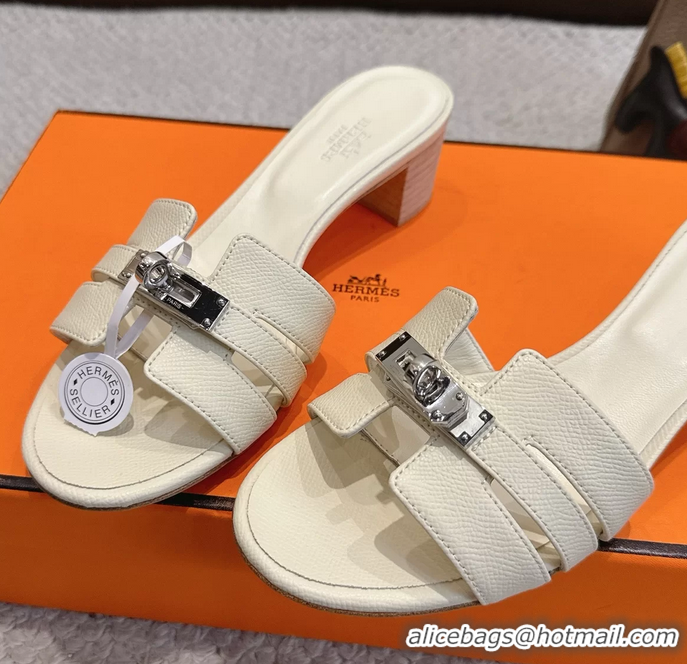 Discount Hermes H Oran Kelly Buckle Heeled Slides Sandals Cream Calfskin Leather 50MM 6053002
