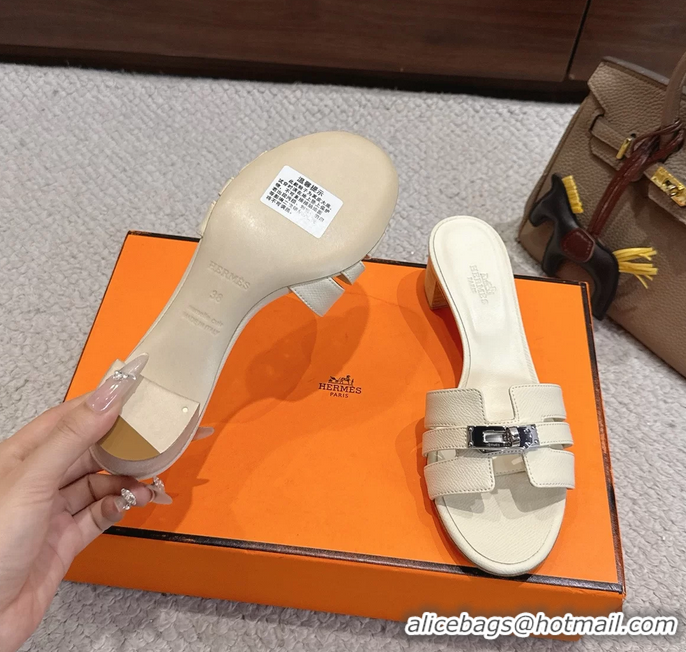 Discount Hermes H Oran Kelly Buckle Heeled Slides Sandals Cream Calfskin Leather 50MM 6053002