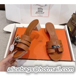 Good Quality Hermes H Oran Kelly Buckle Heeled Slides Sandals Brown Calfskin Leather 50MM 6053002