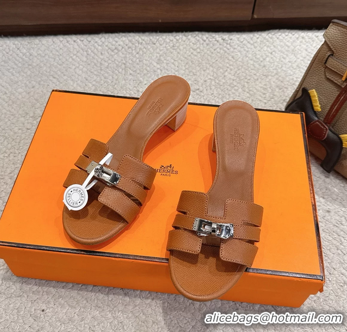Good Quality Hermes H Oran Kelly Buckle Heeled Slides Sandals Brown Calfskin Leather 50MM 6053002