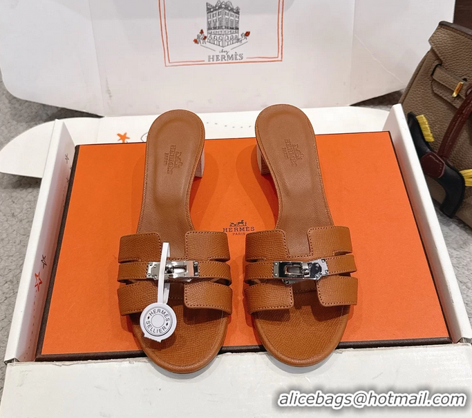 Good Quality Hermes H Oran Kelly Buckle Heeled Slides Sandals Brown Calfskin Leather 50MM 6053002