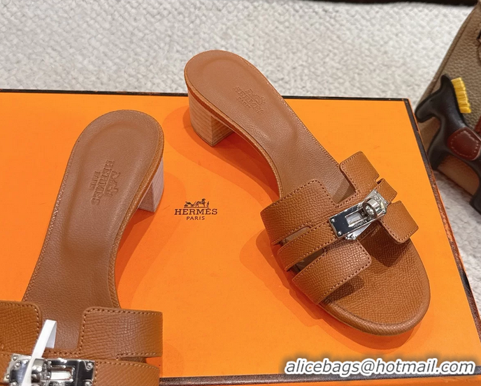 Good Quality Hermes H Oran Kelly Buckle Heeled Slides Sandals Brown Calfskin Leather 50MM 6053002