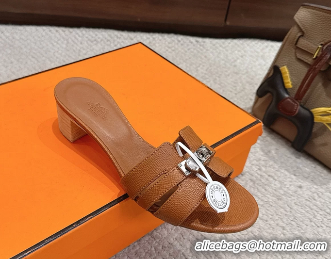 Good Quality Hermes H Oran Kelly Buckle Heeled Slides Sandals Brown Calfskin Leather 50MM 6053002