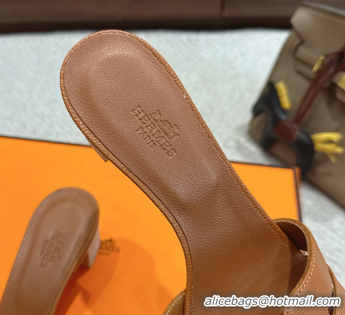 Good Quality Hermes H Oran Kelly Buckle Heeled Slides Sandals Brown Calfskin Leather 50MM 6053002