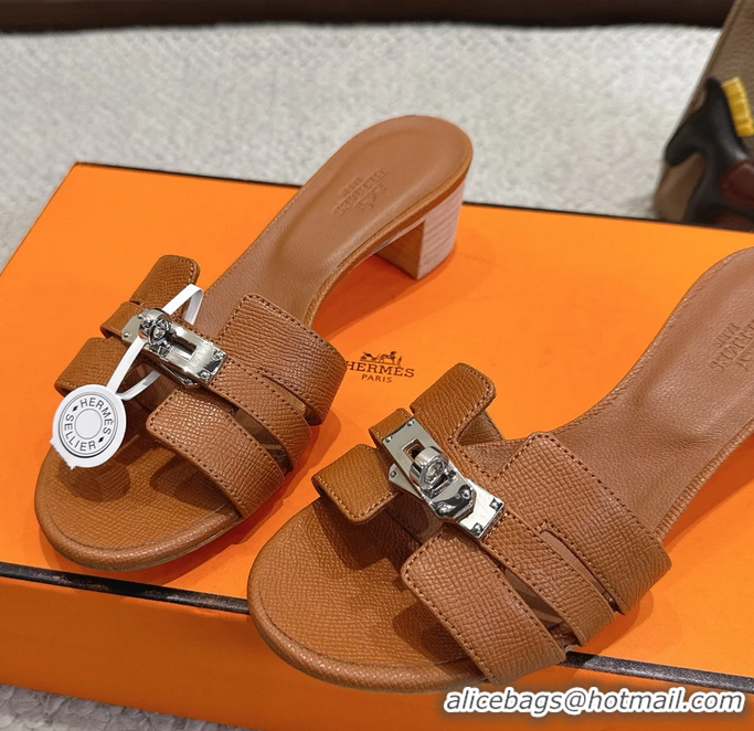 Good Quality Hermes H Oran Kelly Buckle Heeled Slides Sandals Brown Calfskin Leather 50MM 6053002