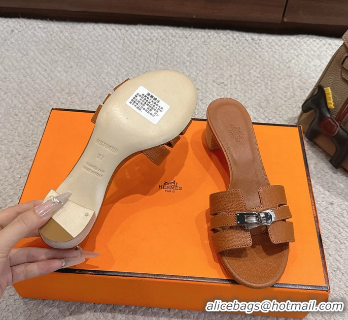Good Quality Hermes H Oran Kelly Buckle Heeled Slides Sandals Brown Calfskin Leather 50MM 6053002