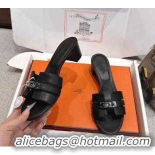 Discount Hermes H Oran Kelly Buckle Heeled Slides Sandals Black Calfskin Leather 50MM 6053101