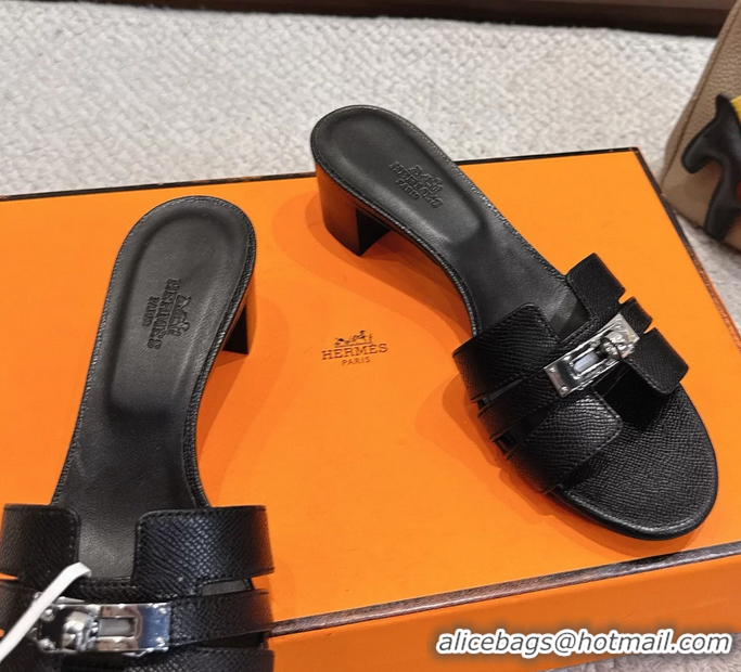 Discount Hermes H Oran Kelly Buckle Heeled Slides Sandals Black Calfskin Leather 50MM 6053101