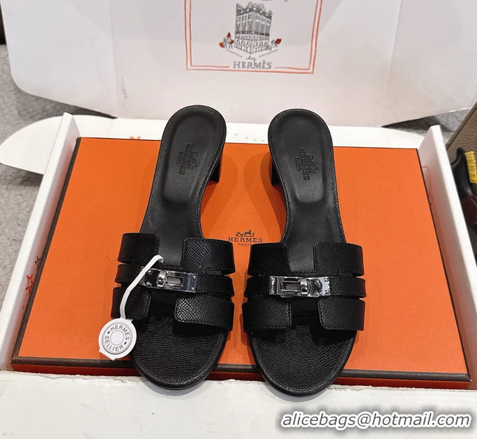 Discount Hermes H Oran Kelly Buckle Heeled Slides Sandals Black Calfskin Leather 50MM 6053101