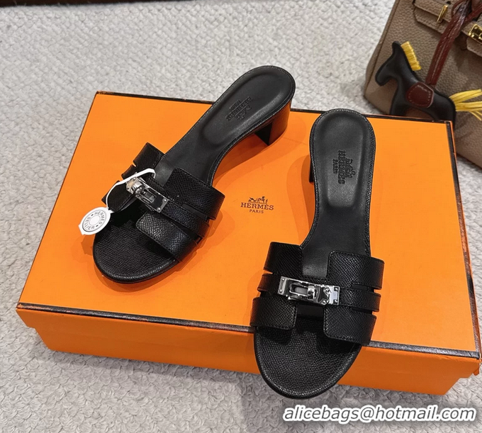 Discount Hermes H Oran Kelly Buckle Heeled Slides Sandals Black Calfskin Leather 50MM 6053101