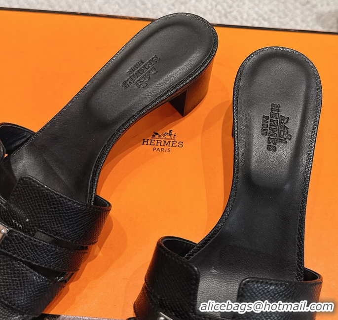 Discount Hermes H Oran Kelly Buckle Heeled Slides Sandals Black Calfskin Leather 50MM 6053101