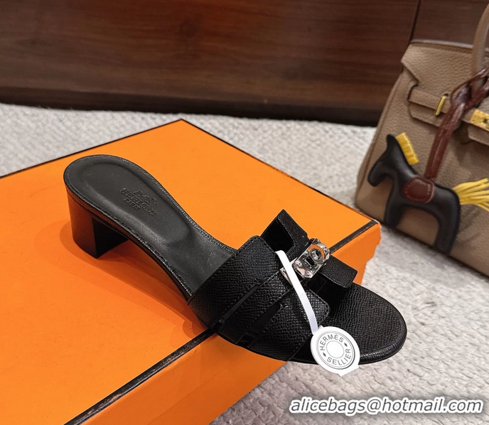Discount Hermes H Oran Kelly Buckle Heeled Slides Sandals Black Calfskin Leather 50MM 6053101