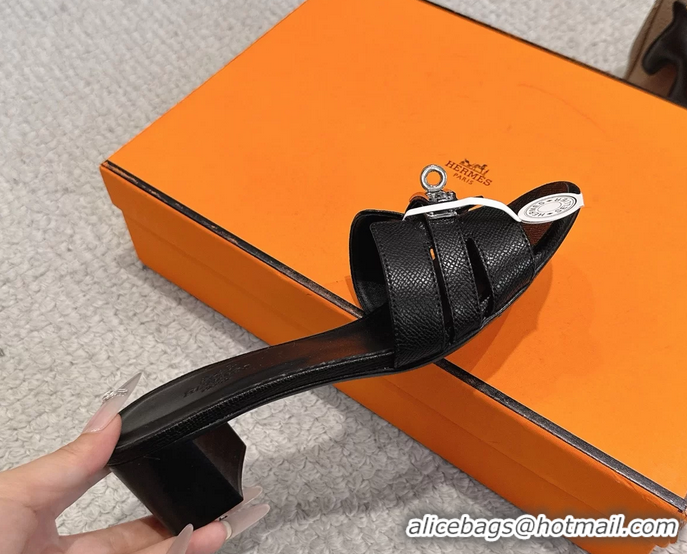 Discount Hermes H Oran Kelly Buckle Heeled Slides Sandals Black Calfskin Leather 50MM 6053101