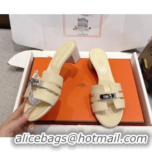 Discount Hermes H Oran Kelly Buckle Heeled Slides Sandals Beige Calfskin Leather 50MM 6053101