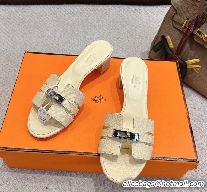 Discount Hermes H Oran Kelly Buckle Heeled Slides Sandals Beige Calfskin Leather 50MM 6053101
