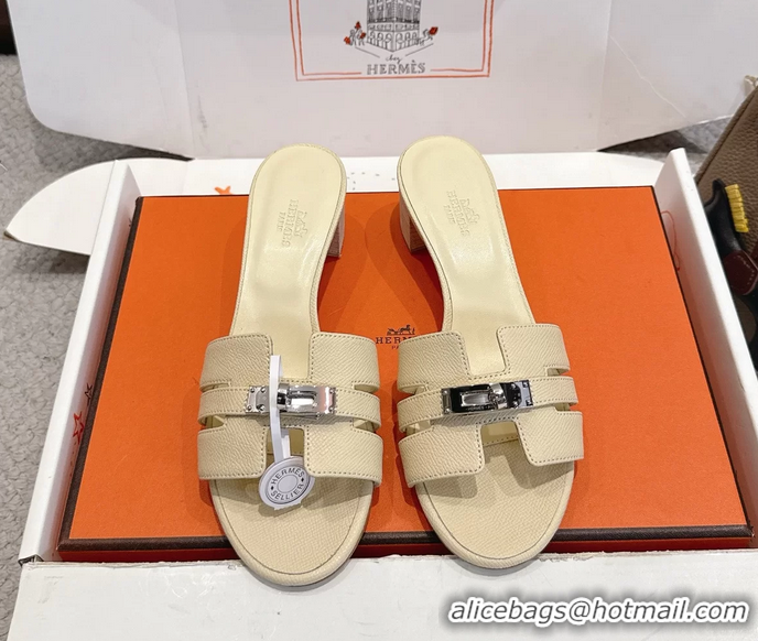 Discount Hermes H Oran Kelly Buckle Heeled Slides Sandals Beige Calfskin Leather 50MM 6053101