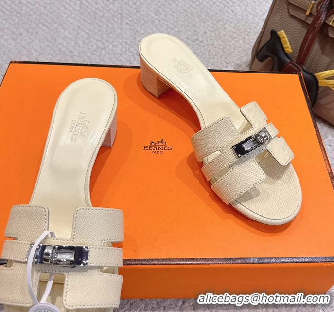 Discount Hermes H Oran Kelly Buckle Heeled Slides Sandals Beige Calfskin Leather 50MM 6053101