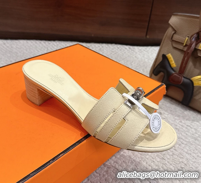 Discount Hermes H Oran Kelly Buckle Heeled Slides Sandals Beige Calfskin Leather 50MM 6053101