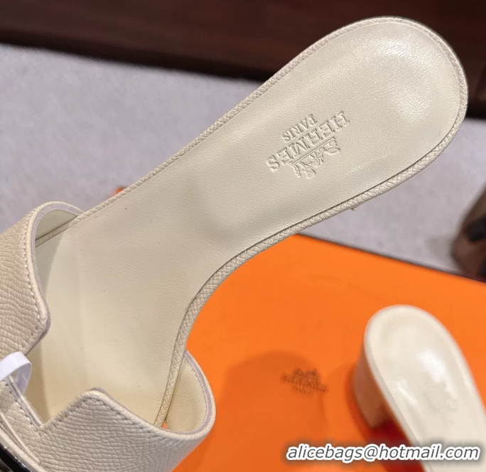 Discount Hermes H Oran Kelly Buckle Heeled Slides Sandals Beige Calfskin Leather 50MM 6053101