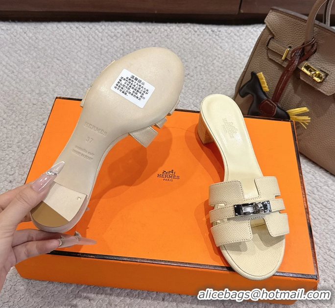 Discount Hermes H Oran Kelly Buckle Heeled Slides Sandals Beige Calfskin Leather 50MM 6053101