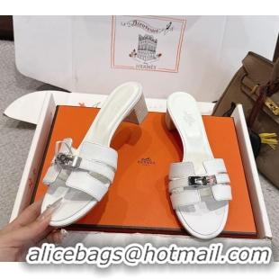 Buy Fashionable Hermes H Oran Kelly Buckle Heeled Slides Sandals White Calfskin Leather 50MM 6053101