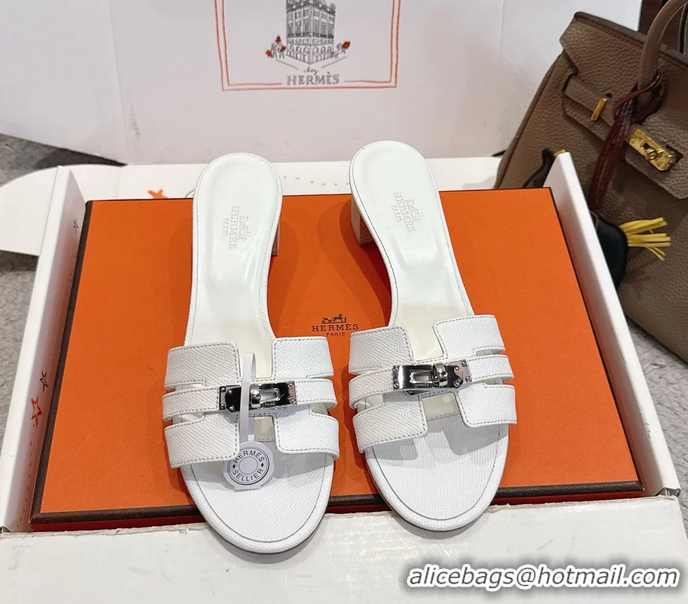 Buy Fashionable Hermes H Oran Kelly Buckle Heeled Slides Sandals White Calfskin Leather 50MM 6053101