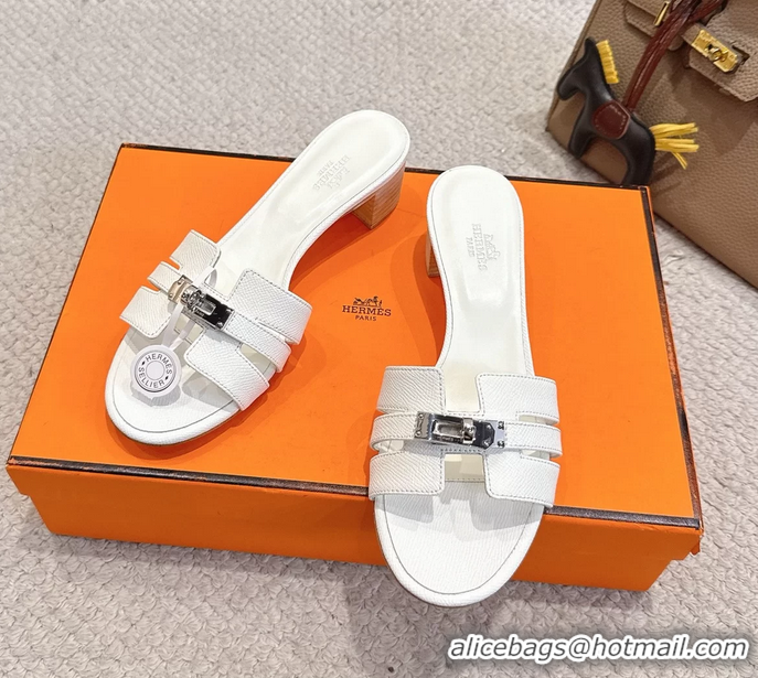 Buy Fashionable Hermes H Oran Kelly Buckle Heeled Slides Sandals White Calfskin Leather 50MM 6053101