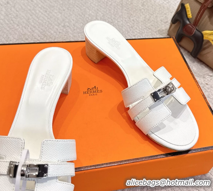 Buy Fashionable Hermes H Oran Kelly Buckle Heeled Slides Sandals White Calfskin Leather 50MM 6053101