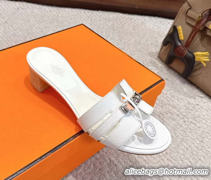 Buy Fashionable Hermes H Oran Kelly Buckle Heeled Slides Sandals White Calfskin Leather 50MM 6053101