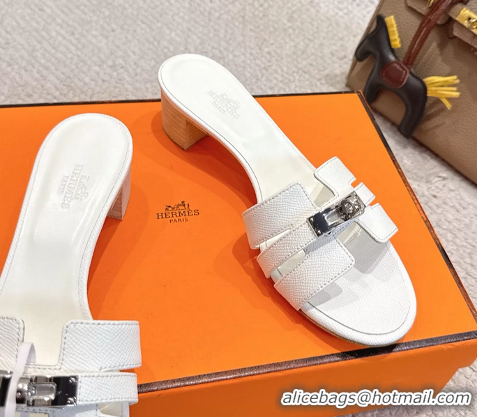 Buy Fashionable Hermes H Oran Kelly Buckle Heeled Slides Sandals White Calfskin Leather 50MM 6053101
