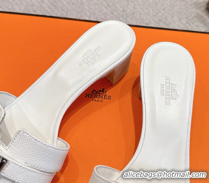 Buy Fashionable Hermes H Oran Kelly Buckle Heeled Slides Sandals White Calfskin Leather 50MM 6053101