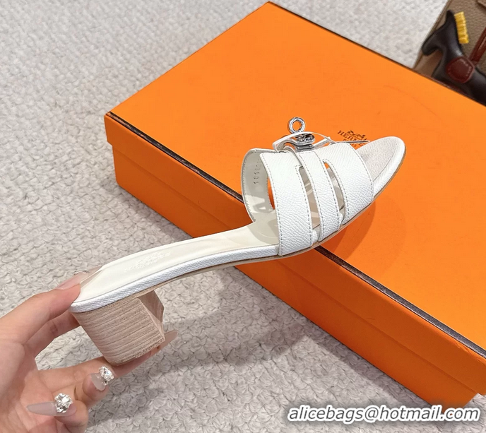 Buy Fashionable Hermes H Oran Kelly Buckle Heeled Slides Sandals White Calfskin Leather 50MM 6053101