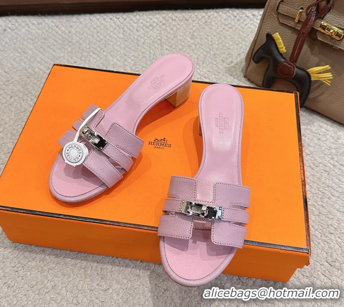 Big Enough Hermes H Oran Kelly Buckle Heeled Slides Sandals Pink Calfskin Leather 50MM 6053101