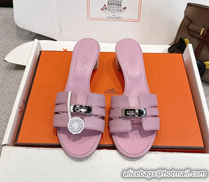 Big Enough Hermes H Oran Kelly Buckle Heeled Slides Sandals Pink Calfskin Leather 50MM 6053101