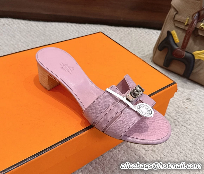 Big Enough Hermes H Oran Kelly Buckle Heeled Slides Sandals Pink Calfskin Leather 50MM 6053101