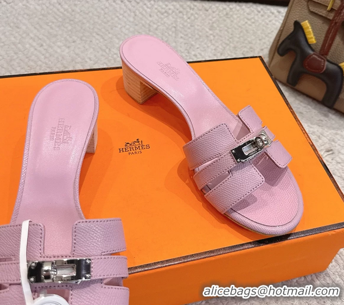 Big Enough Hermes H Oran Kelly Buckle Heeled Slides Sandals Pink Calfskin Leather 50MM 6053101