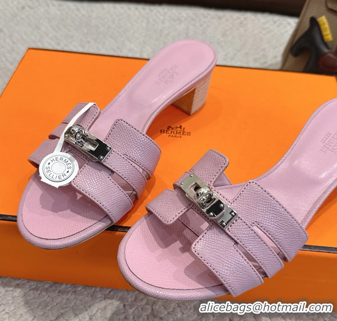 Big Enough Hermes H Oran Kelly Buckle Heeled Slides Sandals Pink Calfskin Leather 50MM 6053101