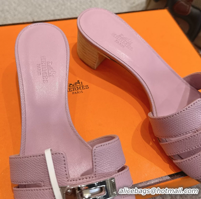 Big Enough Hermes H Oran Kelly Buckle Heeled Slides Sandals Pink Calfskin Leather 50MM 6053101