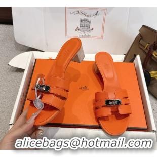 Discount Hermes H Oran Kelly Buckle Heeled Slides Sandals Orange Calfskin Leather 50MM 6053101