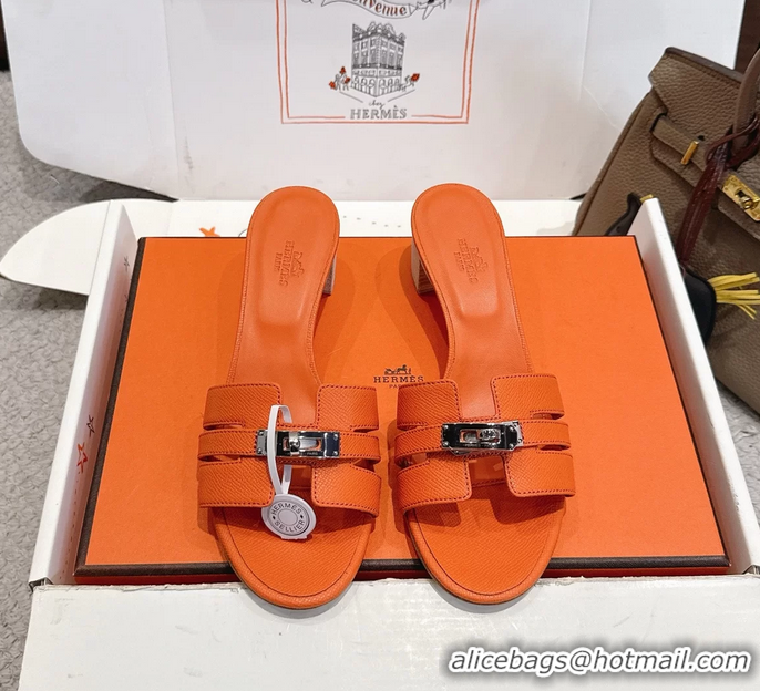 Discount Hermes H Oran Kelly Buckle Heeled Slides Sandals Orange Calfskin Leather 50MM 6053101