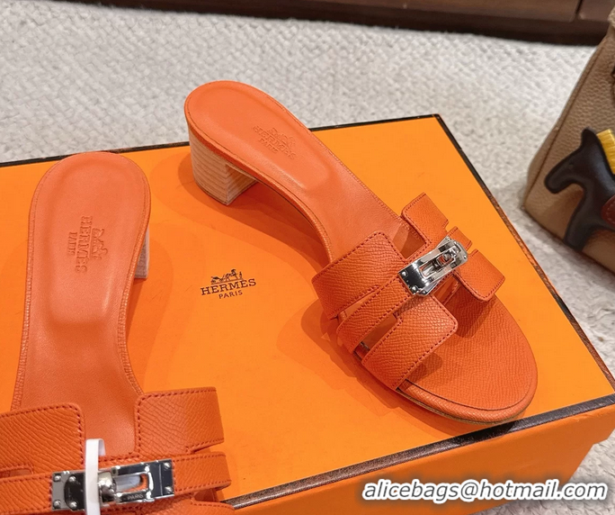 Discount Hermes H Oran Kelly Buckle Heeled Slides Sandals Orange Calfskin Leather 50MM 6053101
