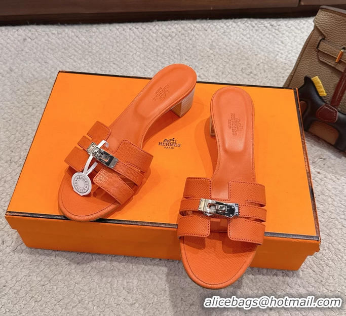 Discount Hermes H Oran Kelly Buckle Heeled Slides Sandals Orange Calfskin Leather 50MM 6053101