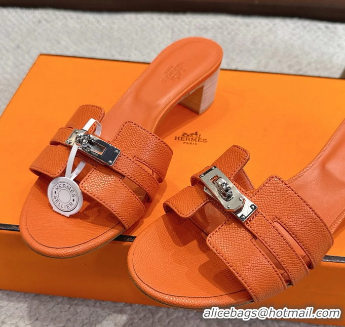 Discount Hermes H Oran Kelly Buckle Heeled Slides Sandals Orange Calfskin Leather 50MM 6053101