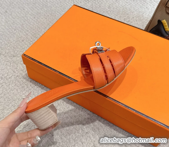 Discount Hermes H Oran Kelly Buckle Heeled Slides Sandals Orange Calfskin Leather 50MM 6053101