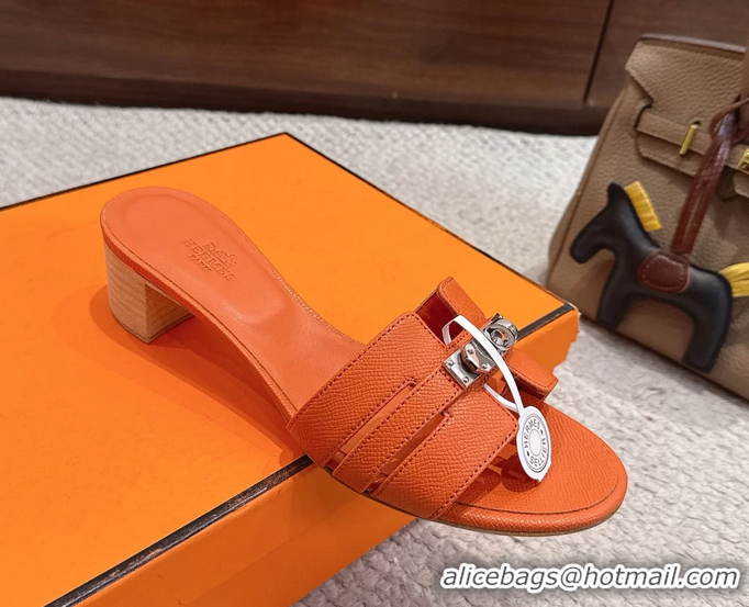 Discount Hermes H Oran Kelly Buckle Heeled Slides Sandals Orange Calfskin Leather 50MM 6053101