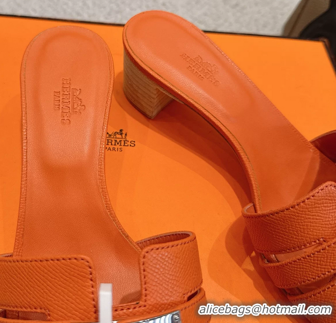 Discount Hermes H Oran Kelly Buckle Heeled Slides Sandals Orange Calfskin Leather 50MM 6053101