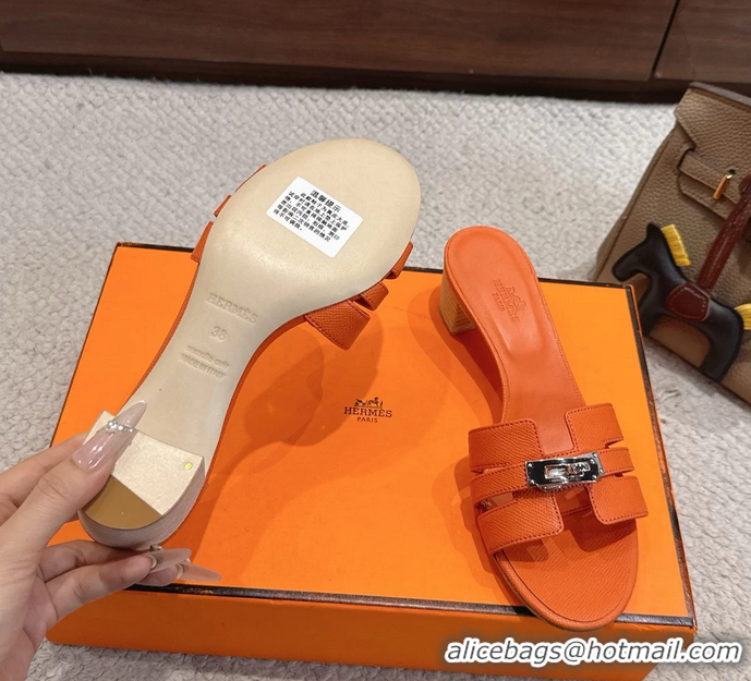 Discount Hermes H Oran Kelly Buckle Heeled Slides Sandals Orange Calfskin Leather 50MM 6053101