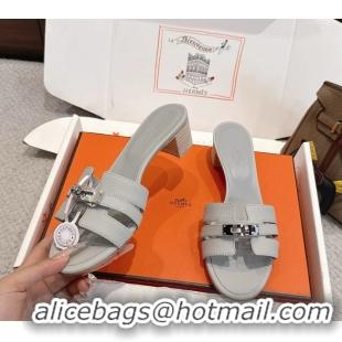 Unique Discount Hermes H Oran Kelly Buckle Heeled Slides Sandals Light Gray Calfskin Leather 50MM 6053101